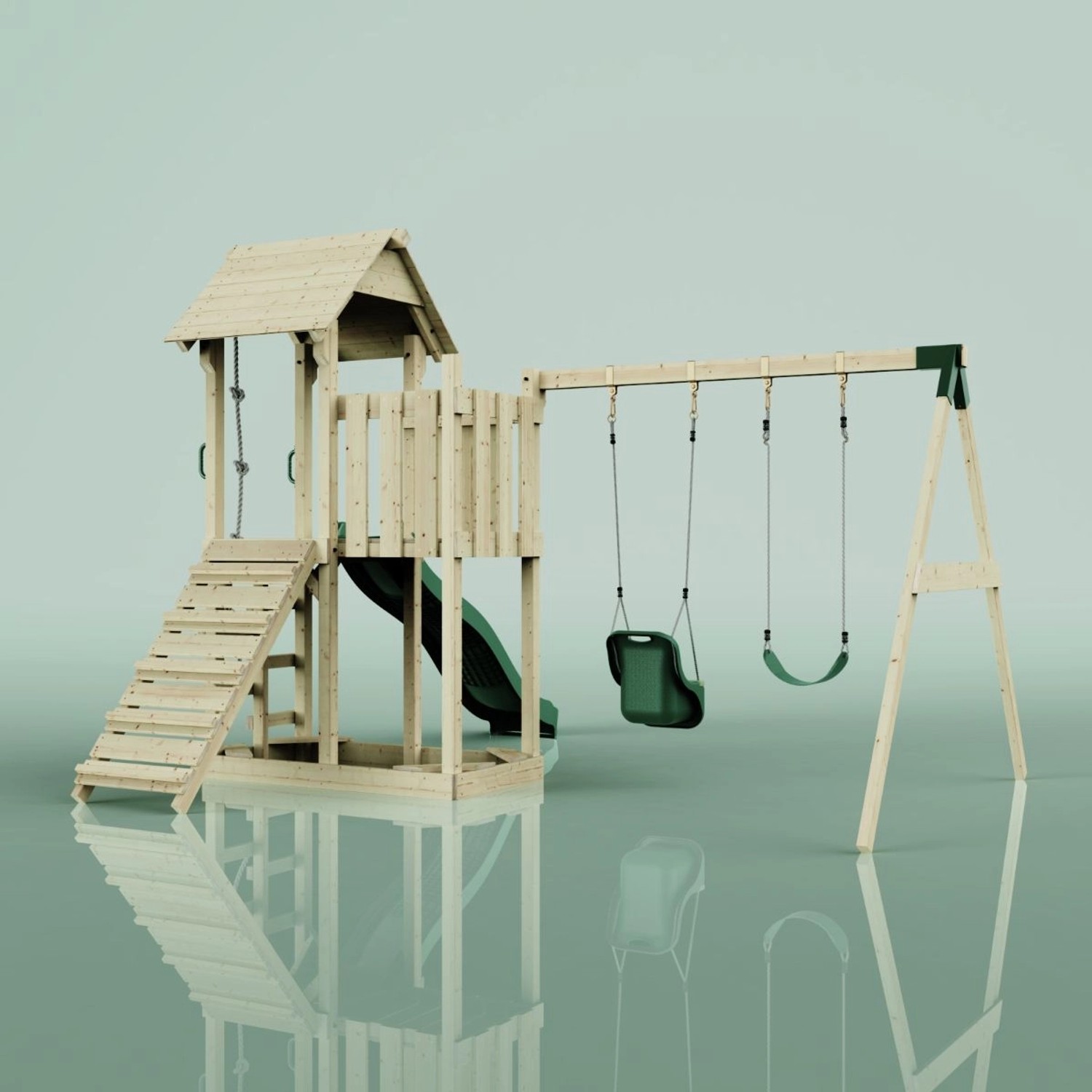 PolarPlay Spielturm Uppsala mit Schaukel, Babyschaukel, Kletterwand und Rutsche.