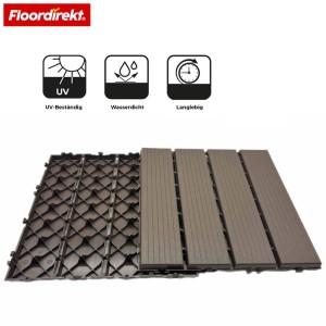 Braune Floordirekt Majestic Terrassen-Klickfliesen 30x30 cm. Oberseite mit Lamellen, Unterseite mit Klicksystem. UV-beständig, wasserdicht, langlebig.