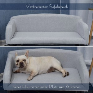 Graues PawHut Hundesofa mit weichem Bezug und Holzbeinen, darauf liegt ein French Bulldog. Geräumiges Hundebett.