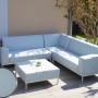 7-teilige, blaue Alu-Gartenlounge MCW C47 mit Ablage, ohne Kissen.