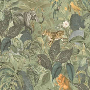Grüne Vliestapete mit Dschungelmotiven: Bäume, Blätter, Tiere. Tadessi Tapete Ginevra.