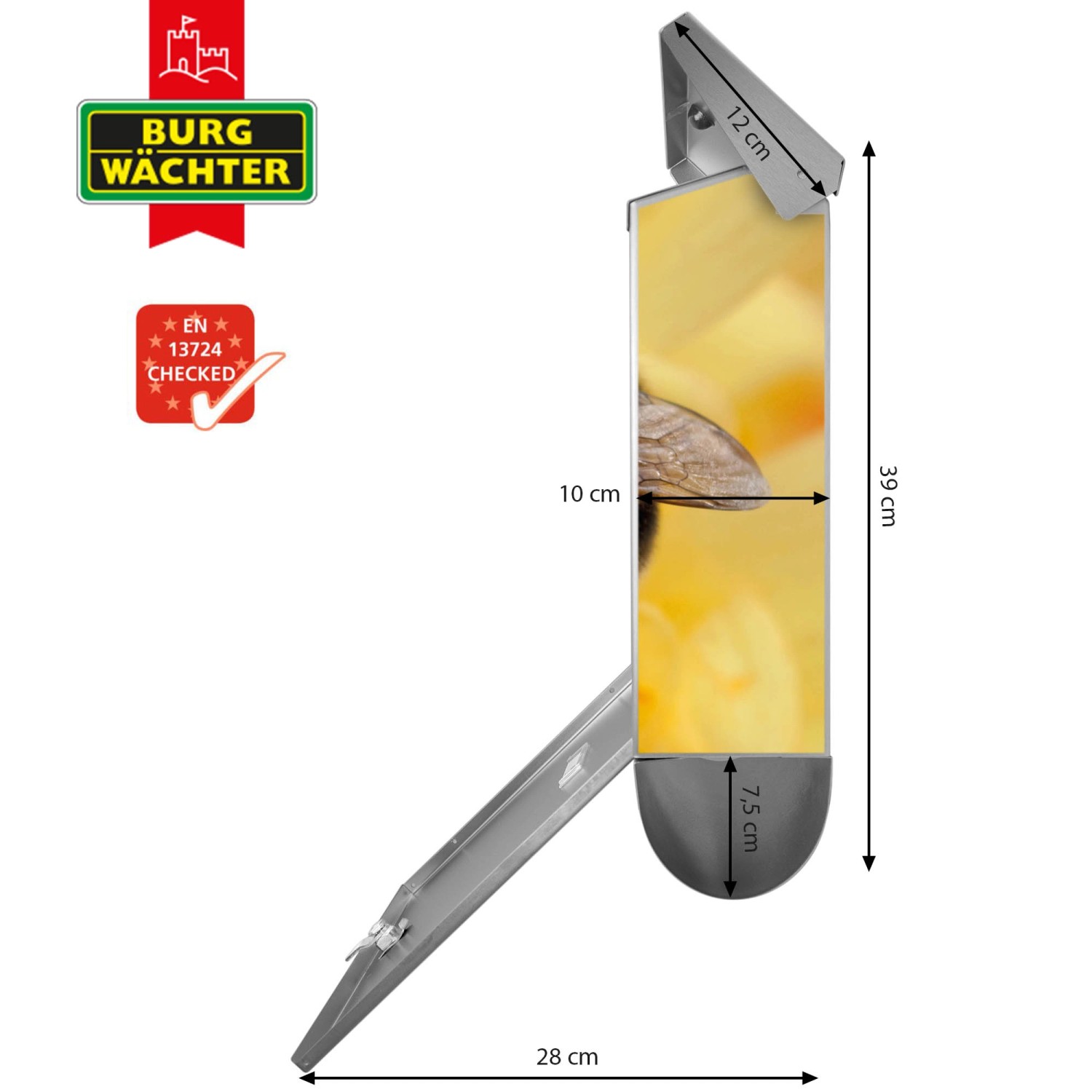Edelstahl Briefkasten mit Zeitungsfach und Hummel Motiv, 38x39x12cm, inkl. Montagematerial.