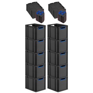 PROREGAL SparSet: 10 schwarze Euroboxen mit blauen Griffen und Auflagedeckel, gestapelt.