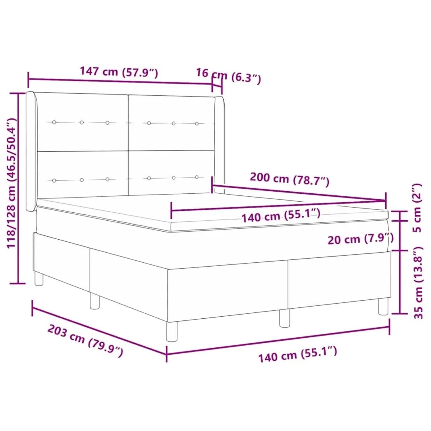 vidaXL Boxspringbett rosa (140x200 cm) mit LED-Leisten und Maßangaben.