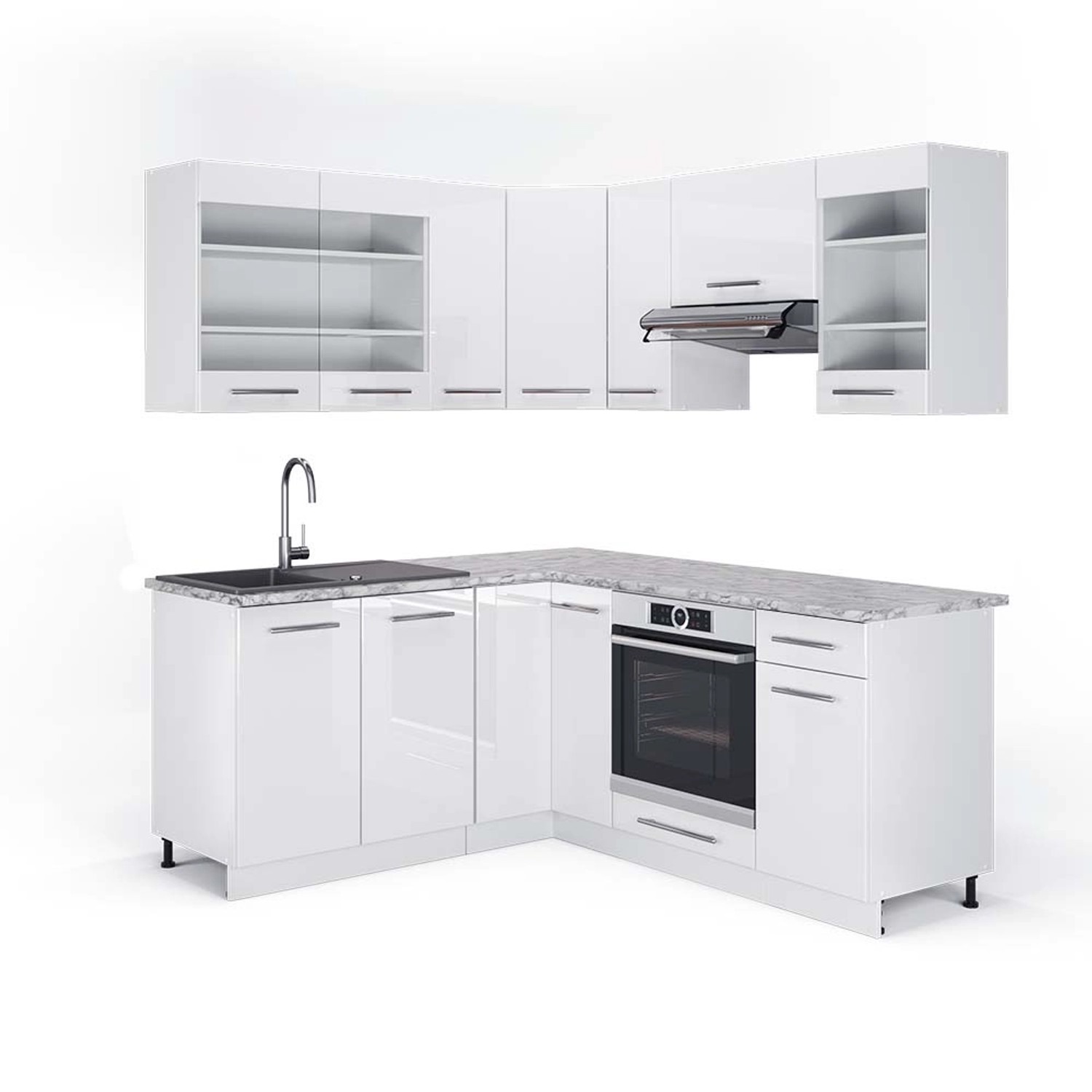Vicco Fame-Line Eckküche Weiß Hochglanz/Weiß 160 x 190 cm AP Marmor günstig online kaufen
