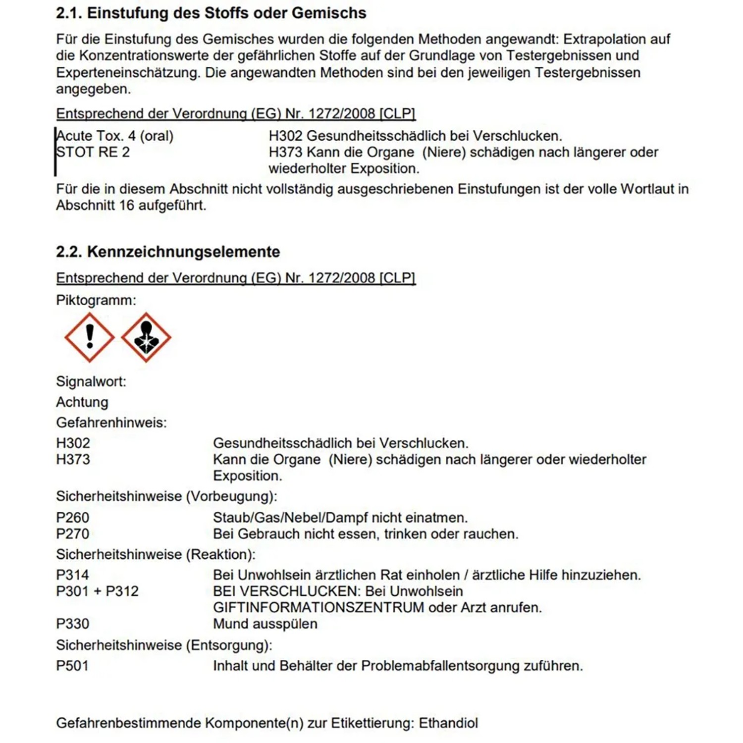 Sicherheitsdatenblatt: Gefahrenhinweise, Piktogramme und Sicherheitshinweise zu Ethandiol.