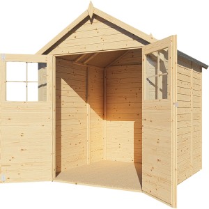 Offenes, naturbelassenes Bertilo Holz-Gartenhaus Osterbek mit Doppeltür und Lichtausschnitten.