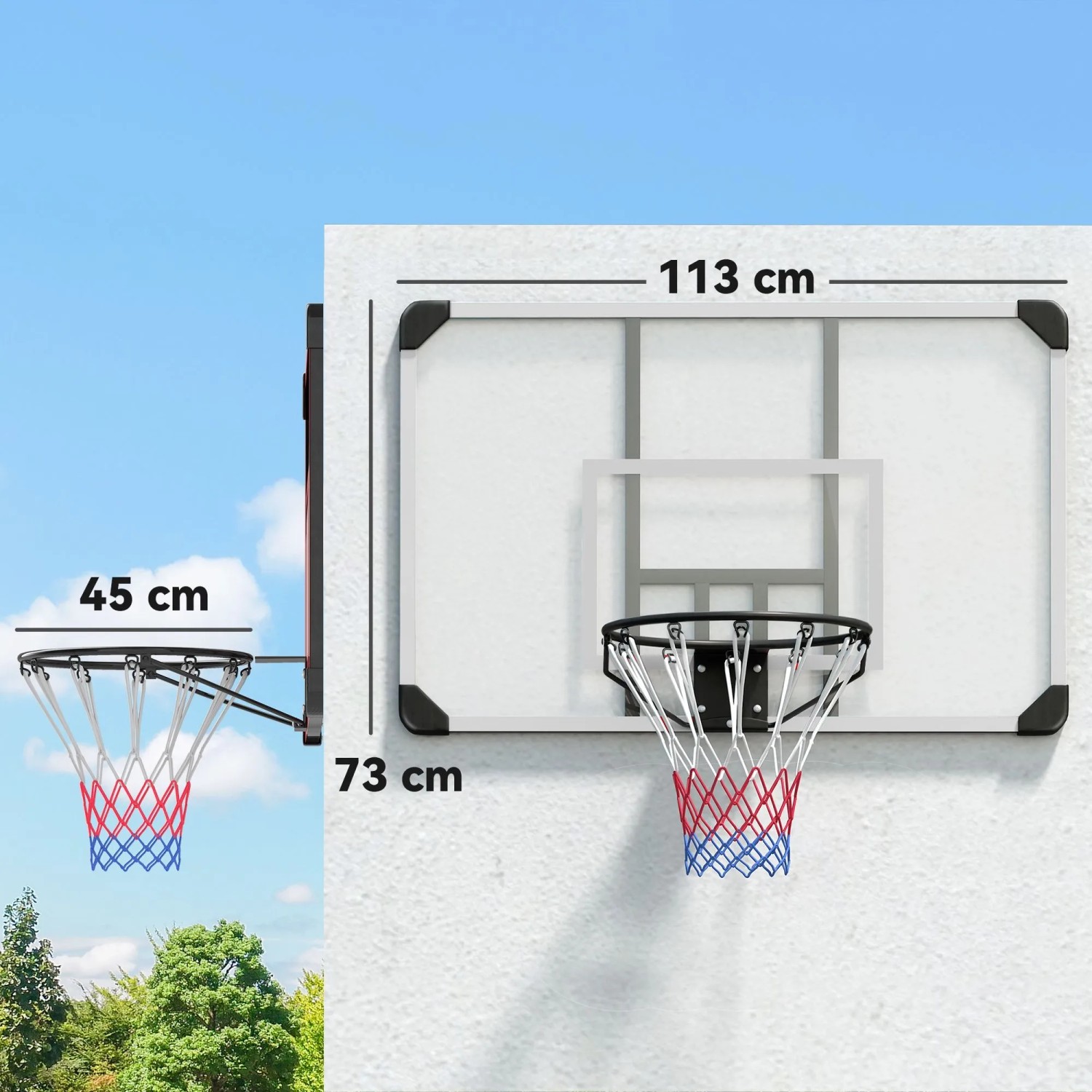 SPORTNOW Basketballkorb zur Wandmontage: transparentes Backboard (113x73 cm), schwarzer Stahlring (45 cm), rot-weiß-blaues Netz.