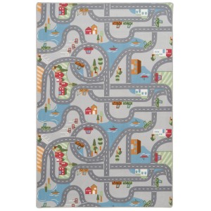 Grauer Snapstyle Kinder Straßenteppich 80x160cm mit Straßen, Häusern und Flüssen.