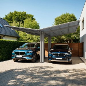 Ximax Carport Linea-80 Y-Ausführung in Edelstahl-Optik mit zwei parkenden Autos.
