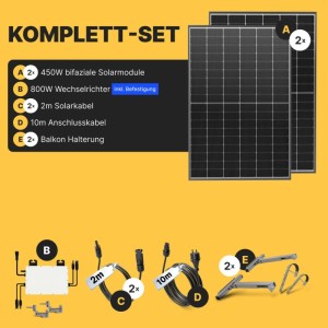 Solakon Balkonkraftwerk 900W Solaranlage mit Balkonhalterung Steckerfertig Komplettset Photovoltaik 800W Kabellänge 10m