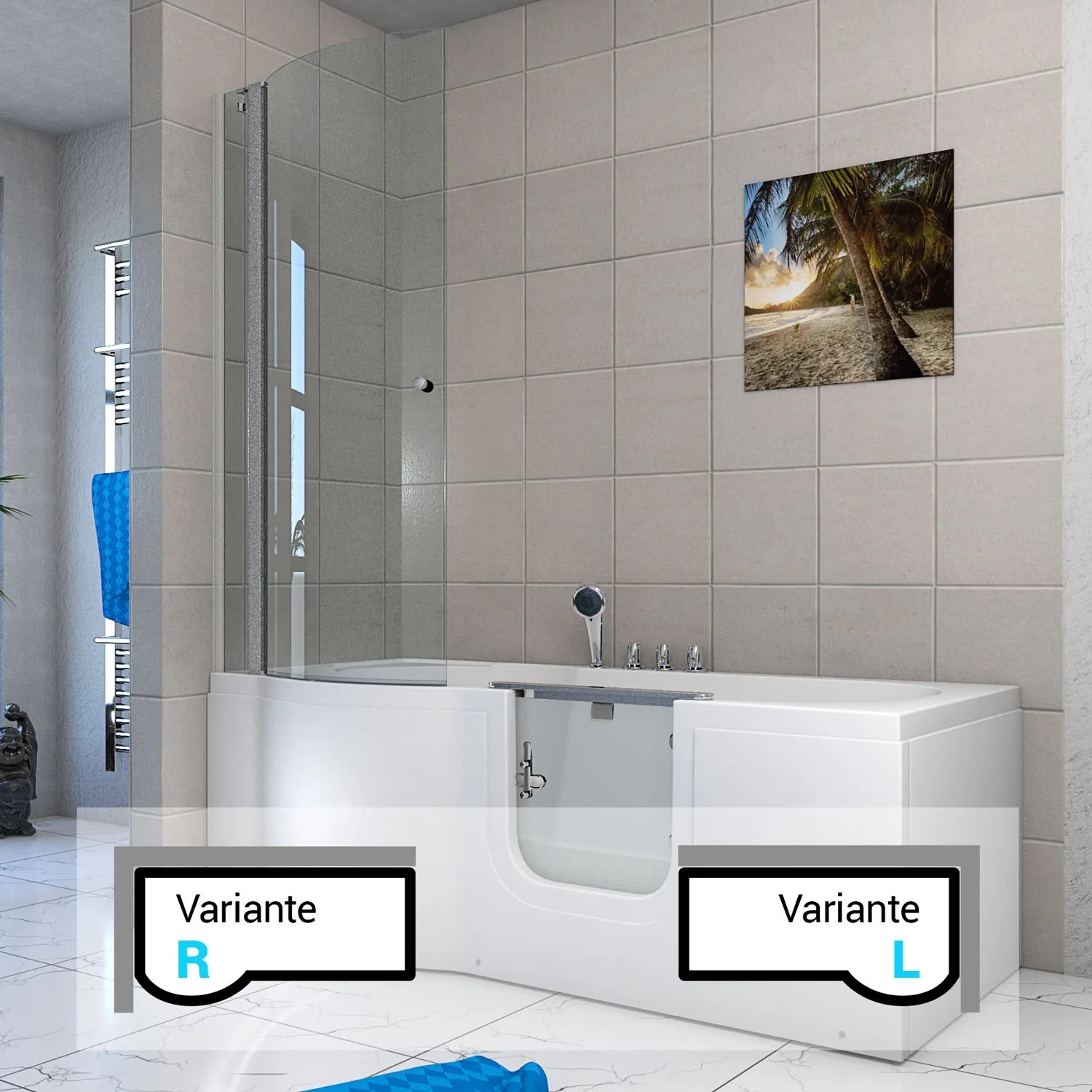 AcquaVapore Seniorendusche mit Whirlpool S12D-TH-AIR-L, 170x85 cm, mit Duschtrennwand.