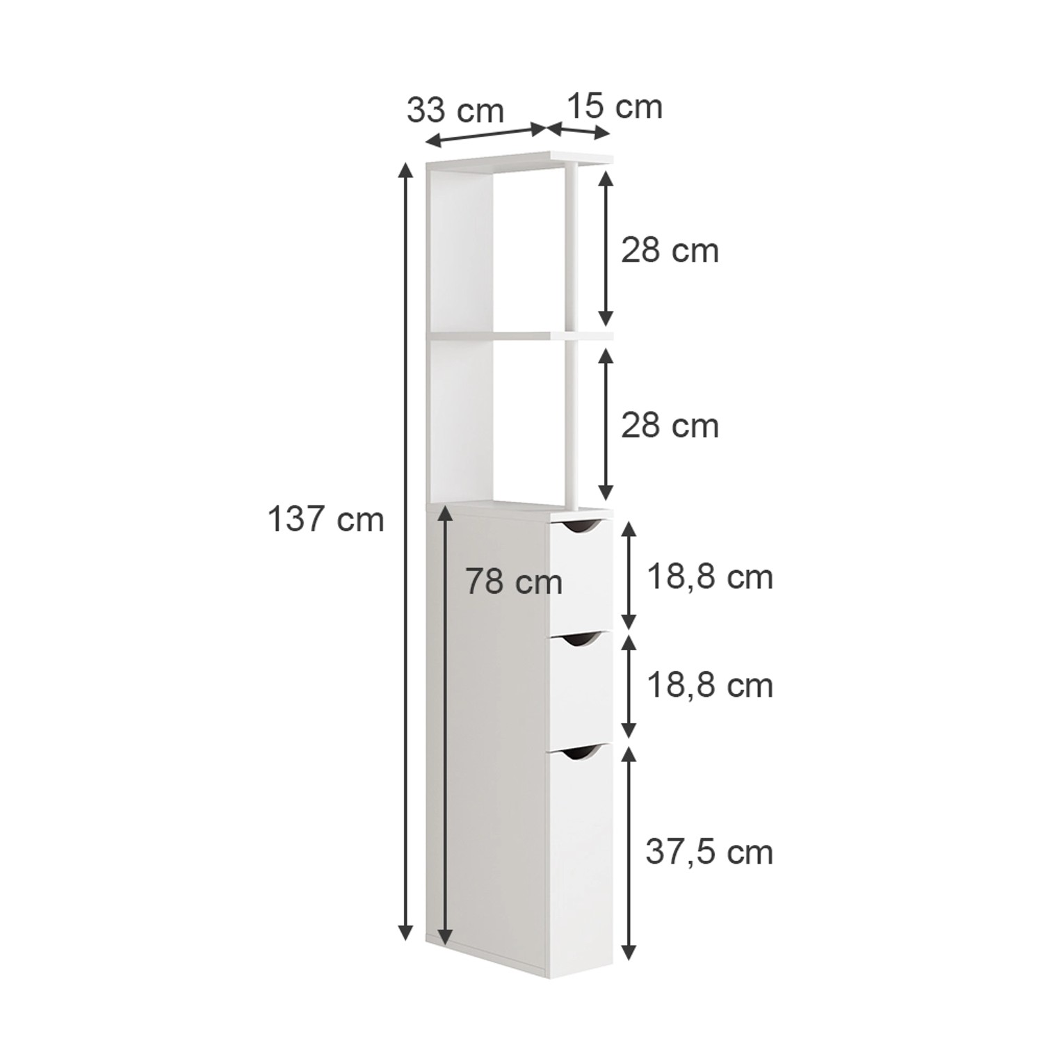 Weißer Vicco Badschrank Vera, 137x15cm, mit 3 Schubladen und offenen Regalen. Badregal mit Maßangaben.