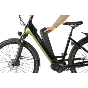 Schwarzes Prophete City E-Bike Geniesser 6.0 mit entnehmbarem Akku am Rahmen.