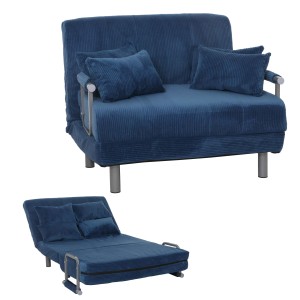 Blauer MCW Schlafsessel K29 aus Cordstoff, mit Kissen, als Sessel und als Liege dargestellt.