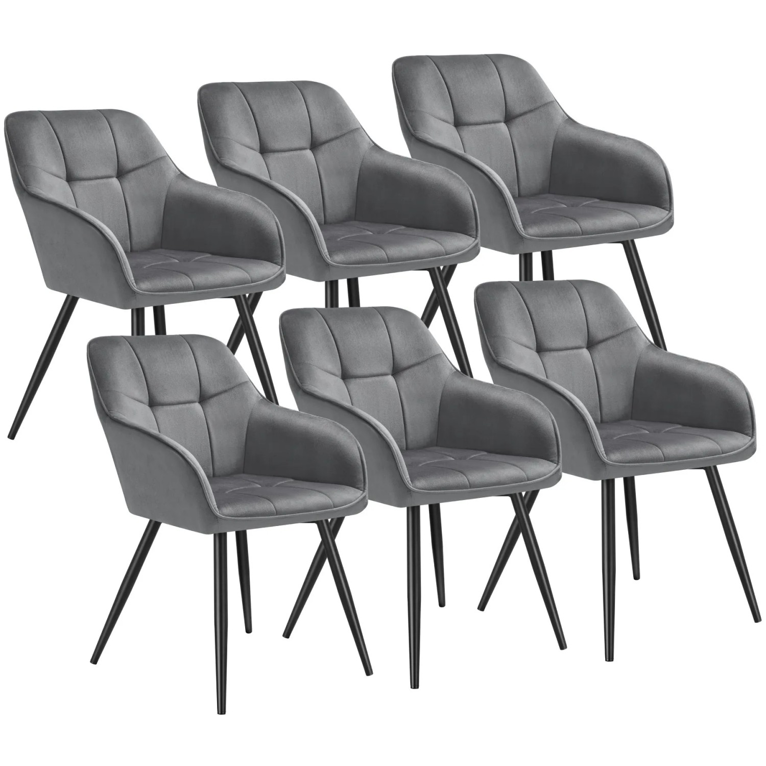 Tectake Esszimmerstuhl Marilyn Gepolstert  In Samtoptik  Gesteppt Durchgehende Lehne 6Er Set 62 x 58 x 82 cm Grau Schwarz