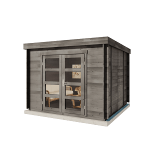 Graues Alpholz Gartenhaus Set Paloma Sol mit Doppeltür und Fenster.