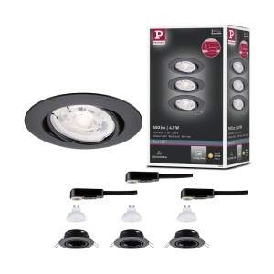 Paulmann LED Einbaustrahler Salerno 3er-Set, schwarz matt, rund, schwenkbar, mit Verpackung und Einzelteilen.