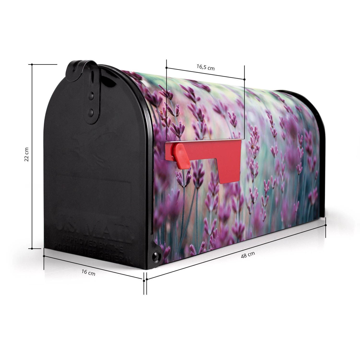 Schwarzer Banjado US Briefkasten mit Lavendel Motiv, 48x22x16cm. Stahl, pulverbeschichtet.