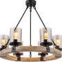 Schwarze, 6-flammige Globo Pendelleuchte mit Holzring und Rauchglas-Schirmen.