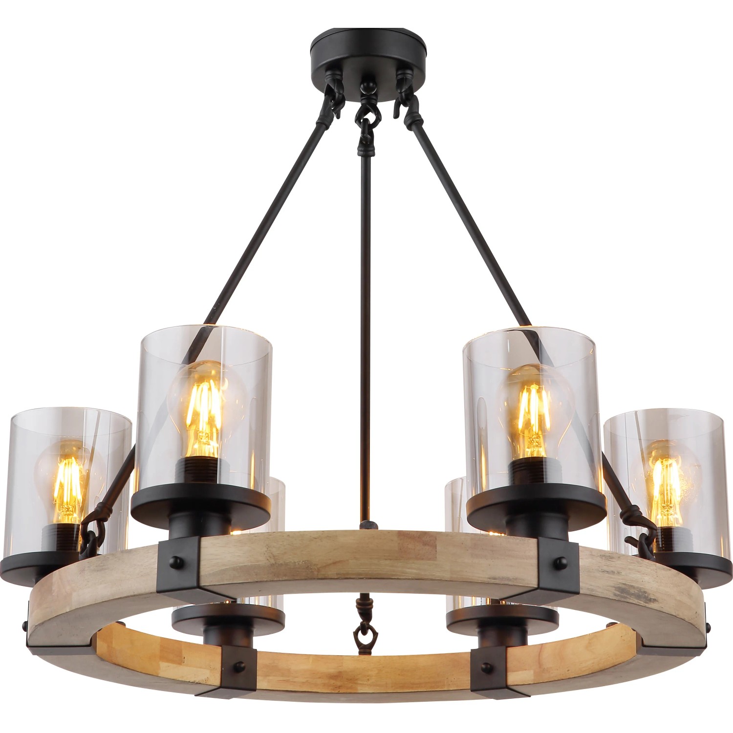 Schwarze, 6-flammige Globo Pendelleuchte mit Holzring und Rauchglas-Schirmen.