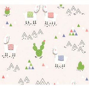 Matt graue Kindertapete mit Tiermotiv (Lamas, Kakteen) von PROFHOME, 0,53x10,05m.