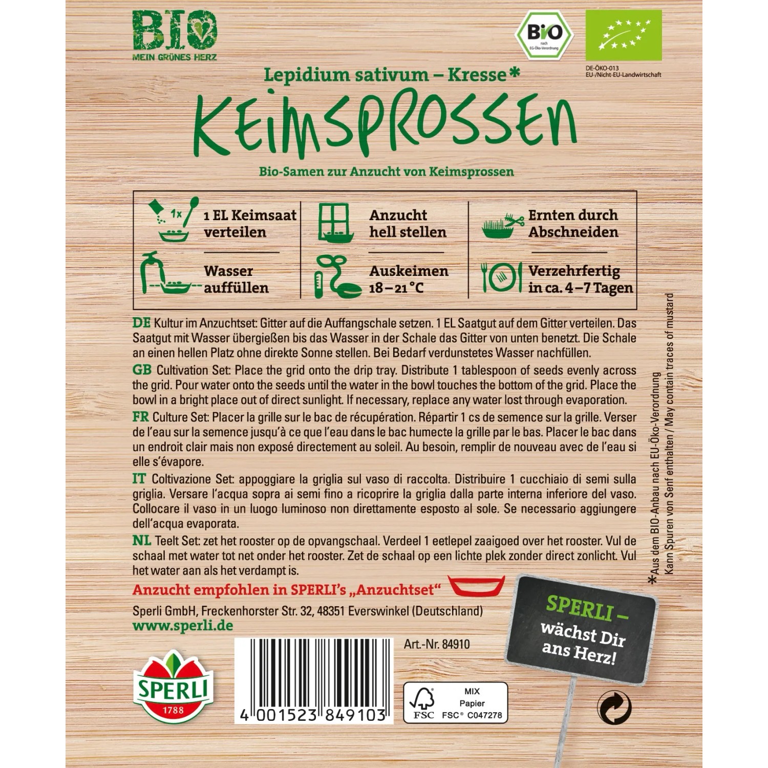 Sperli Bio-Keimsprossen Kresse Samenpackung für die Anzucht von würzigen Keimlingen.