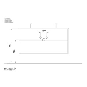 Technische Zeichnung: Posseik Badmöbel Limes Doppel-Waschtisch 120 cm, 2 Auszüge, mit Maßen für Wandmontage.