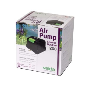 Verpackung des Velda Silenta Outdoor 1200 Teichbelüftungsets. Zeigt schwarze Luftpumpe für Teiche bis 3000 Liter.