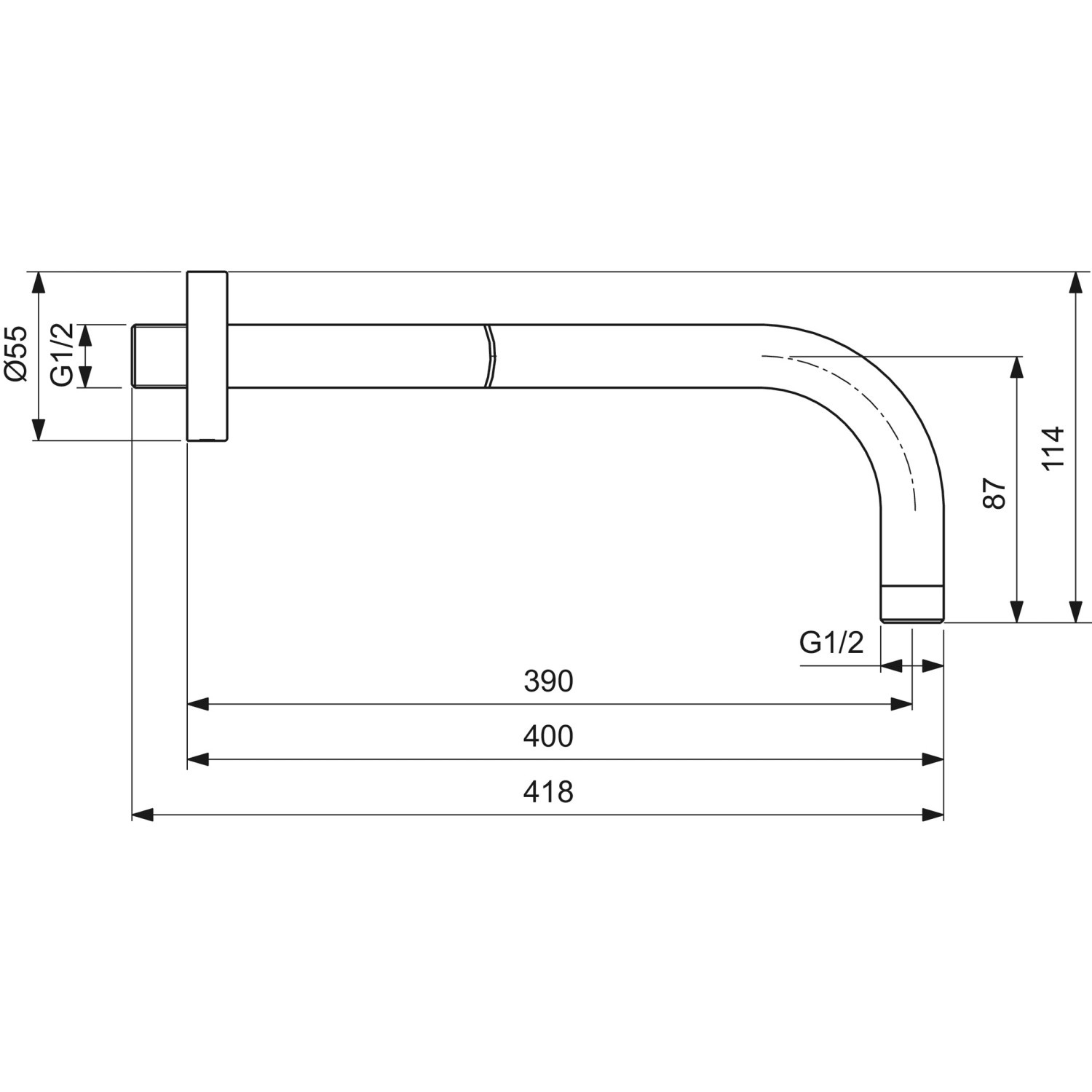 Technische Zeichnung: Ideal Standard Idealrain Kopfbrauseanschluss, 400 mm, Schwarz matt, Maße und Anschlüsse.