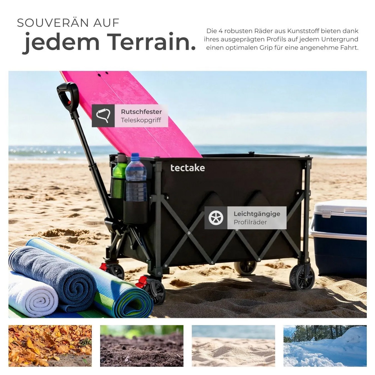 Tectake Bollerwagen Rollrider, faltbar, mit Kunststoffrädern und Teleskopgriff. Ideal für Camping.
