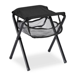 Schwarzer Relaxdays Klapphocker aus Metall und Polyester mit Staufach für Camping & Outdoor.