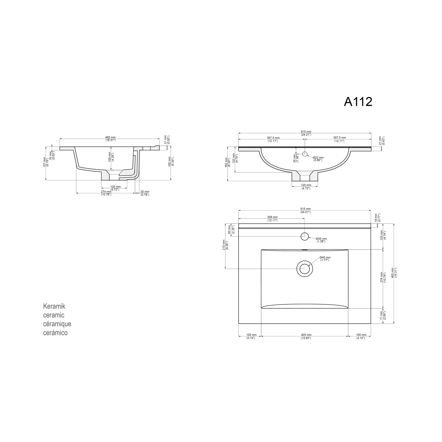 Technische Zeichnung Posseik Badmöbel Limes 60cm, Waschtischunterschrank mit Waschbecken, Maße und Details.