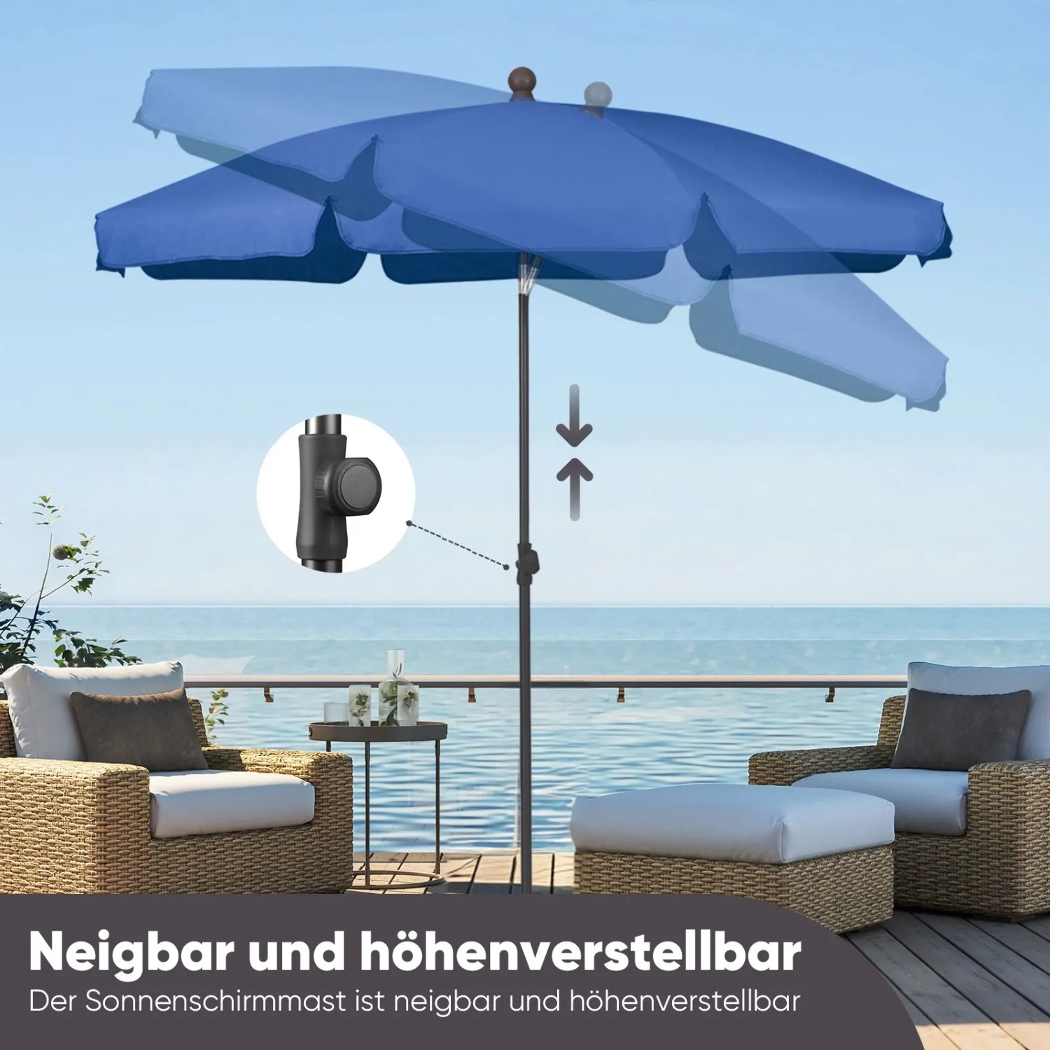 Sekey Balkonschirm 200 cm blau, neigbar und höhenverstellbar für Balkon & Garten.