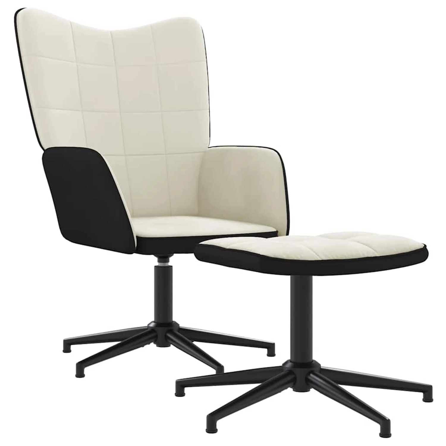 Cremeweißer Relaxsessel mit Hocker, Samt und PVC, drehbar, modernes Design für Wohnzimmer oder Büro.