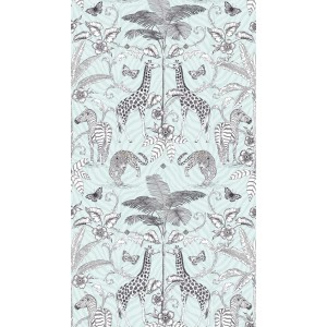 Livingwalls Fototapete mit Tieren (Giraffen, Zebras, Leoparden) in Schwarz, Weiß und Grau.