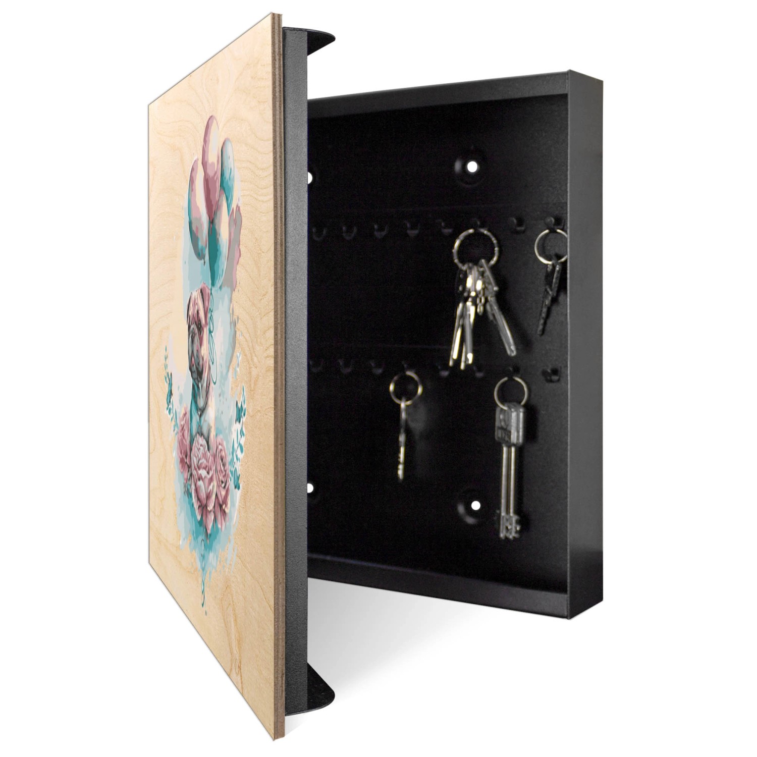 Schwarzer Schlüsselkasten aus Holz (30x30cm) mit Pudel-Blumen Motiv und 50 Haken zur Schlüsselaufbewahrung.