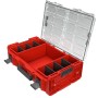Offener, roter PROREGAL QBRICK Werkzeugkoffer mit transparentem Deckel und Fächern.