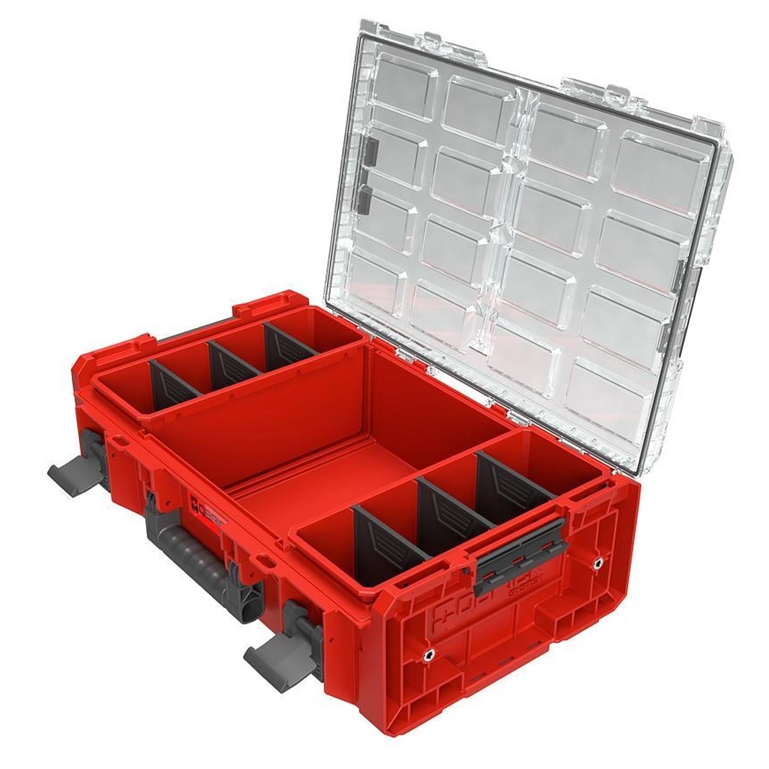 Offener, roter PROREGAL QBRICK Werkzeugkoffer mit transparentem Deckel und Fächern.