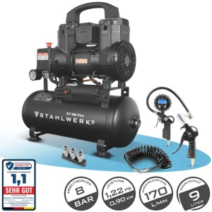 STAHLWERK Kompressor Set mit Reifenfüller, Schlauch und Pistole. 9L Tank, 8 Bar Druck.