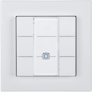 Weißer Homematic IP Wandtaster 6-fach für Smart Home, quadratisch, mit blauem Symbol.