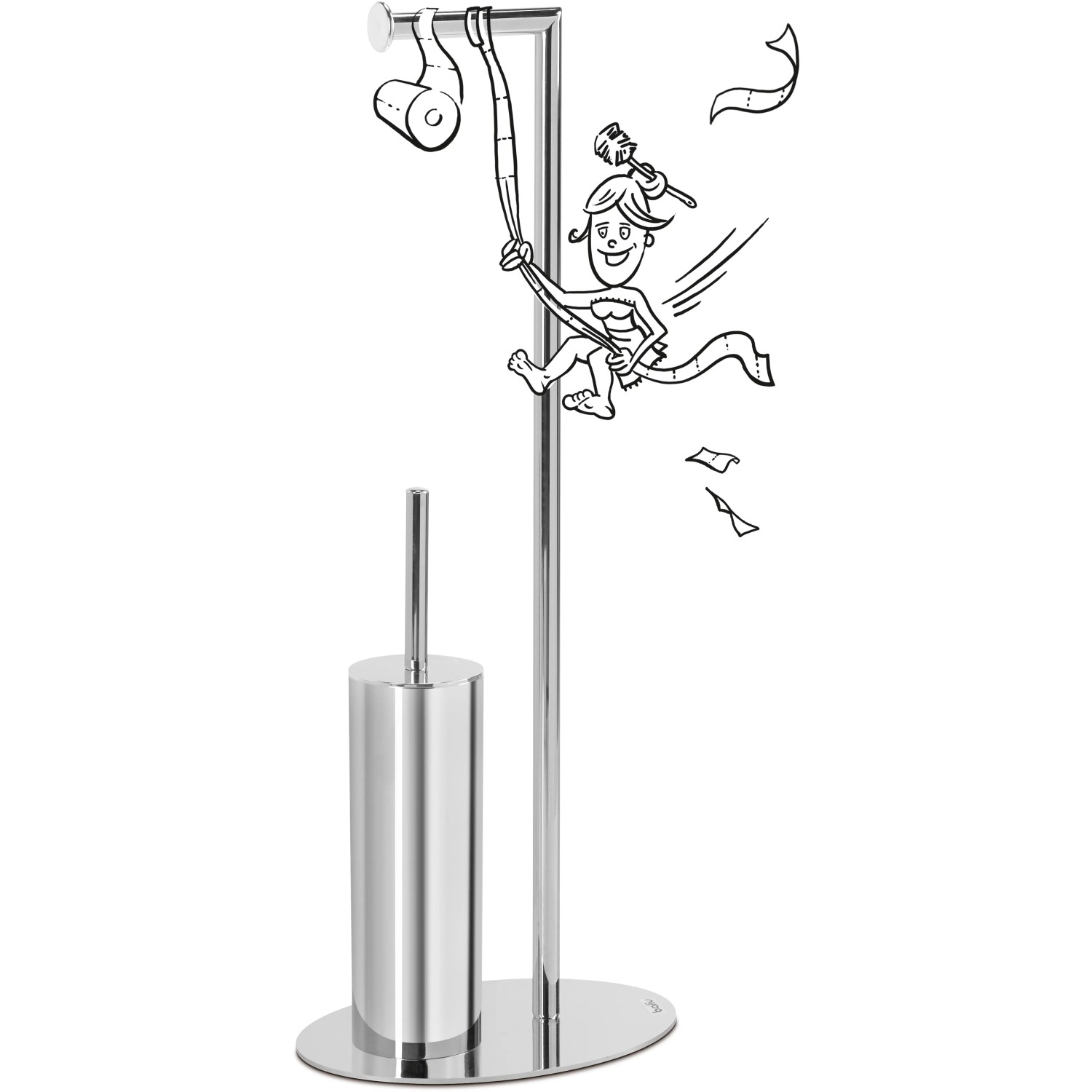 Verchromte baliv WC-Bürstengarnitur mit Papierhalter und Comic-Motiv.