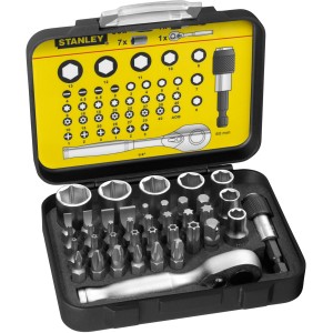 Stanley Bit-Satz 39-tlg. mit Mini-Umschaltknarre im Werkzeug-Set, geöffnet.