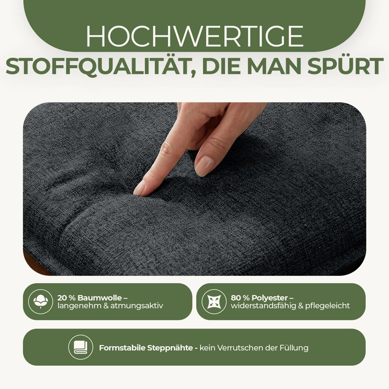 Dunkelgraue, gesteppte Florence Hochlehner Auflage. Eine Hand drückt in das weiche Polster. Hoher Komfort für Gartenstuhlauflagen.