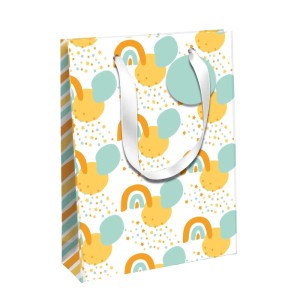 Clairefontaine Geschenktasche L, weiß mit pastellfarbenem Regenbogen- und Mäusemuster, weißen Bändern.