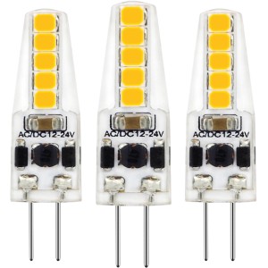 Drei G4 LED Leuchtmittel, 1,8 W, warmweiß, für Wohnbereiche.