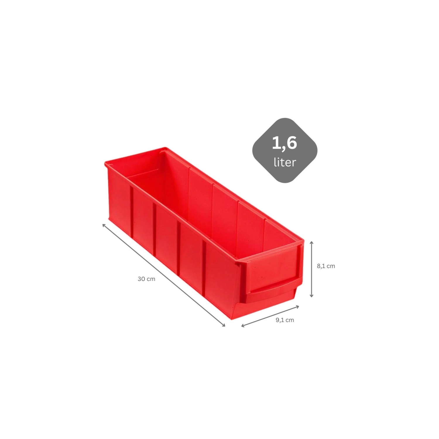 Rote PROREGAL Industriebox 300 S, 1,6 Liter, für Aufbewahrungssysteme, mit Maßangaben.