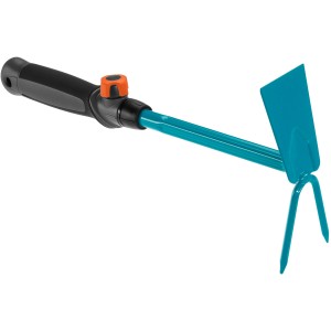 Gardena combisystem Kleinhäckchen mit geradem Blatt und 2 Zinken, blau/schwarz.