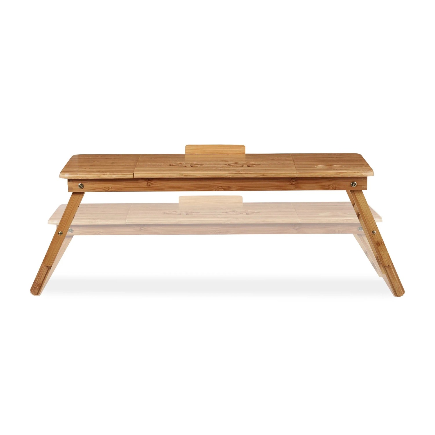 Naturfarbener Bambus Laptoptisch, klappbar, höhenverstellbar, mit kippbarer Platte und Ablage.