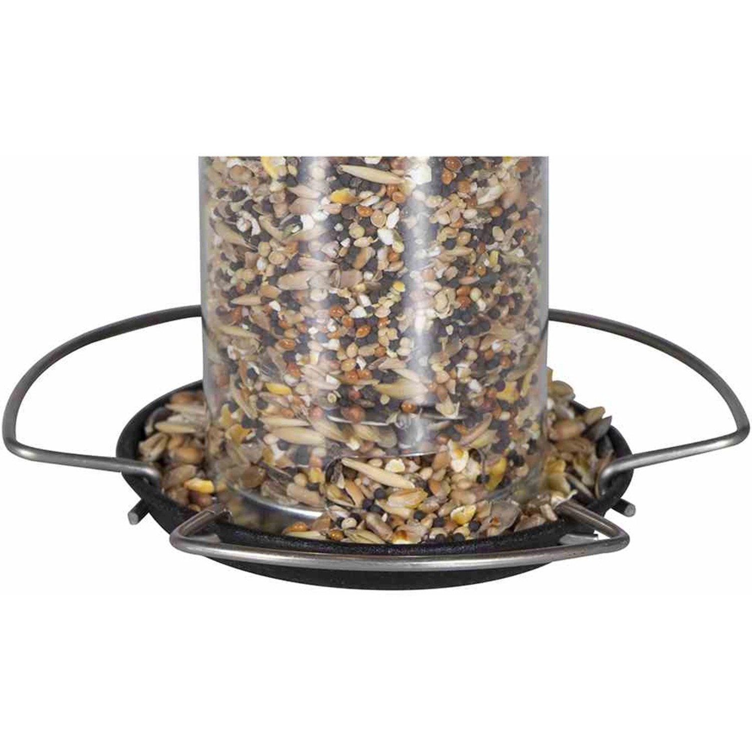 Siena Garden Vogelfutterspender aus Stahl, schwarz, gefüllt mit Vogelfutter.
